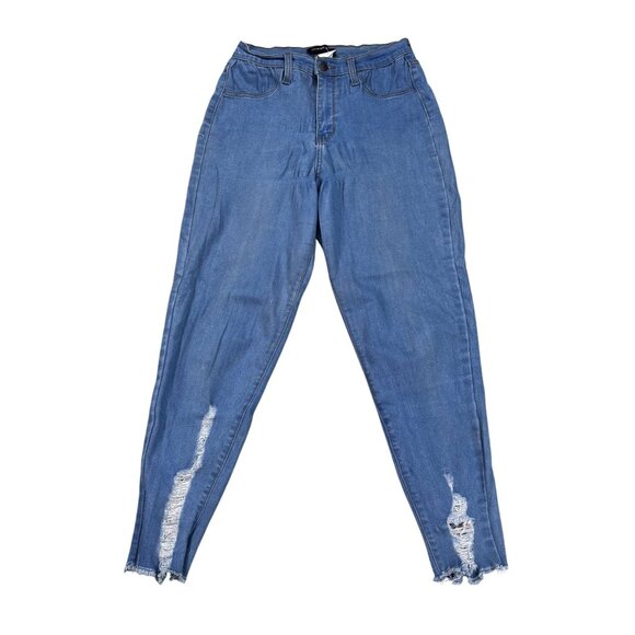 Fashion Nova Womens Distressed High-Waisted Jeans Size 11 Blue Denim - Picture 1 of 11